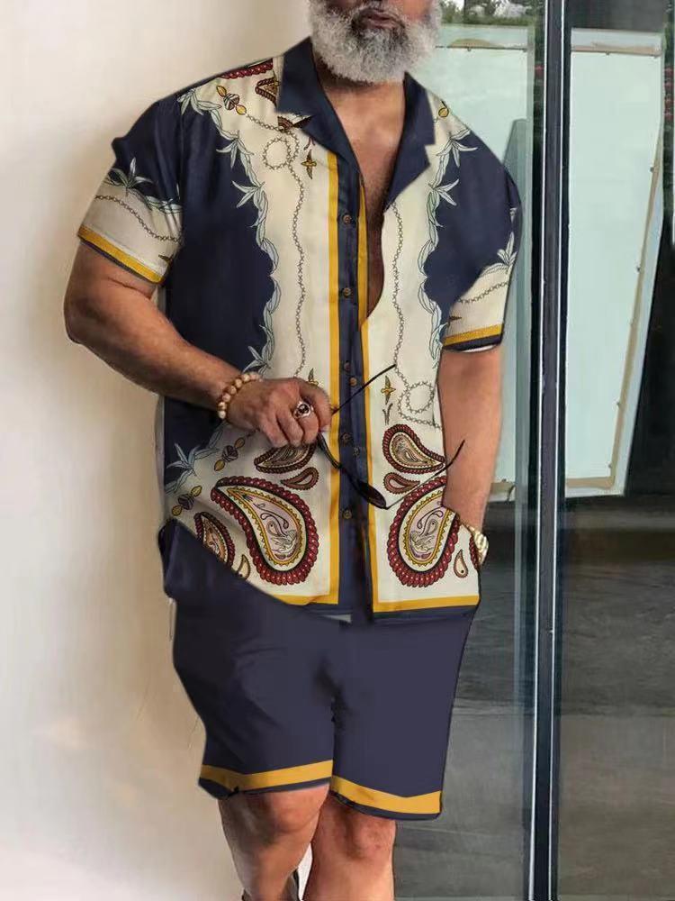 Men's Polo Collar 3D Printed Casual Slim Fit Shirt Shorts Suit