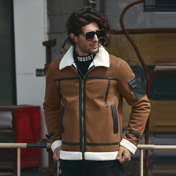 Men's European And American Style Lapel Plus Velvet Leather Jacket