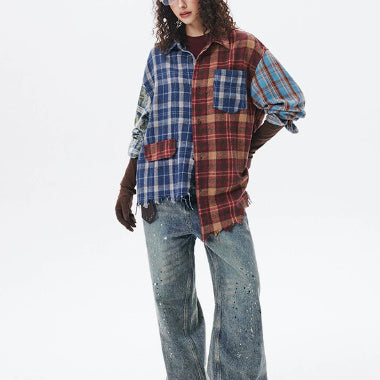 American Retro Loose Plaid Stitching Long Sleeve Shirt