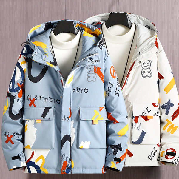 Men's Short Padded Hooded Graffiti Jacket