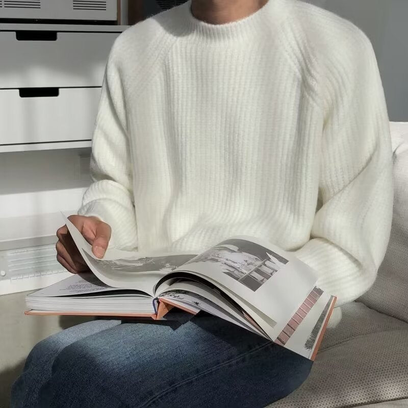 Retro Solid Color Round Neck Vertical Pattern Sweater men