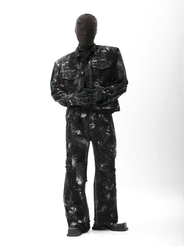 Street Graffiti Washed Make Old Ripped Denim Coat For Men