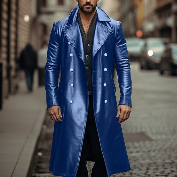 Double-breasted Leather Long Trench Coat