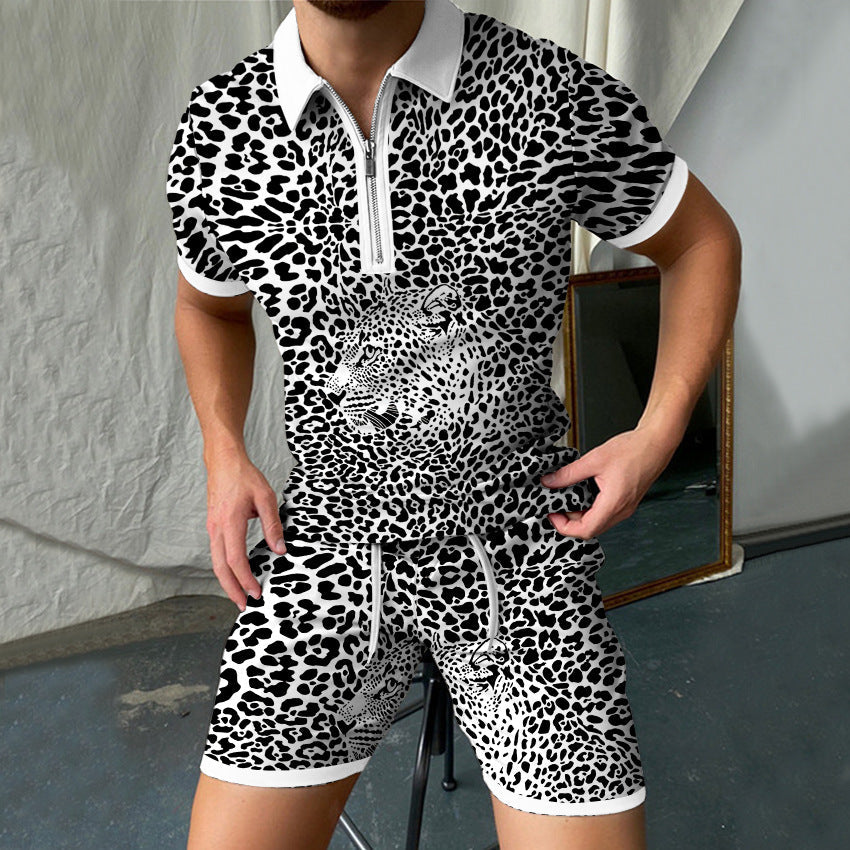 3D Printed Short Sleeve POLO Shirt Suit Men's Zipper Shorts