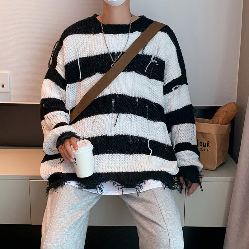 Men Ripped Fringe Striped Sweater