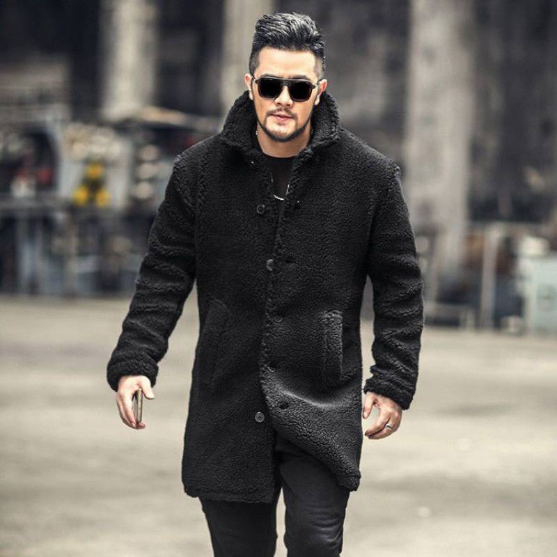 Cotton-padded Mid-length Faux Leather Lamb coat