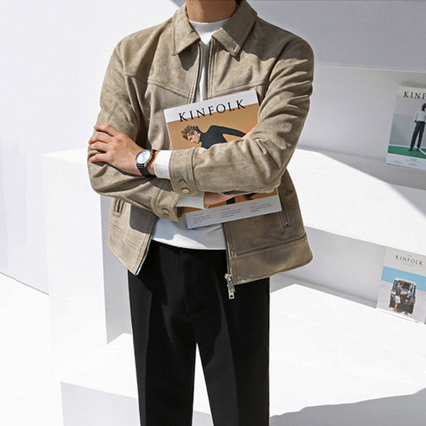 Men's Suede Cropped Lapel Cargo Jacket