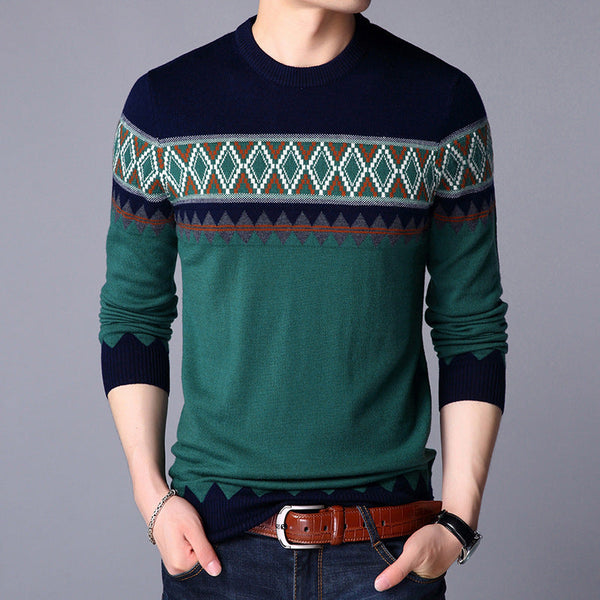 Men Knitted Pullover Round Neck Color Block Wool Sweater