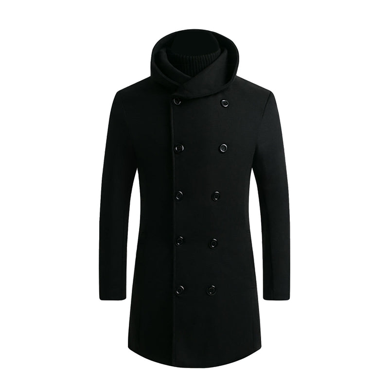 Men's Mid-Length Woolen Padded Hooded Trench Coat