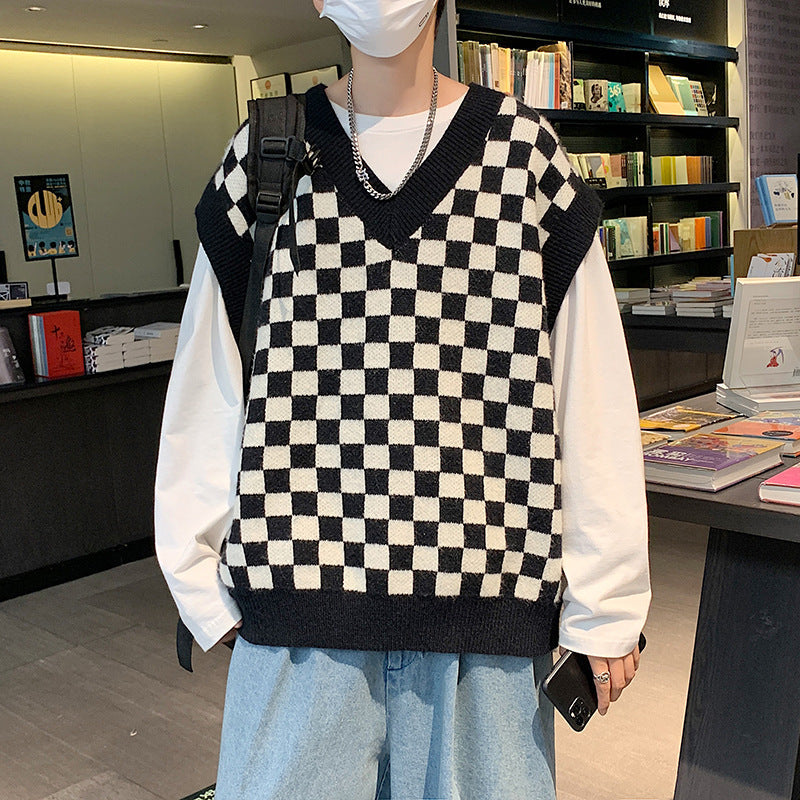 V-Neck Couple Vest Chessboard Knit Coat