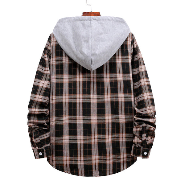 Men's Autumn Youth Casual Cardigan Plaid Hooded Jacket