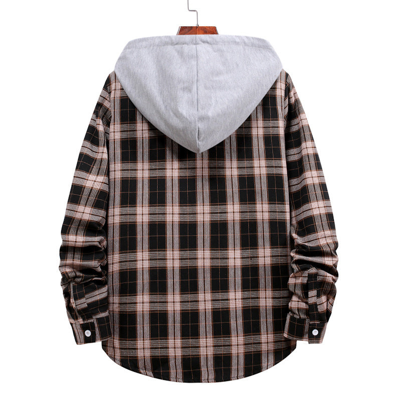 Men's Autumn Youth Casual Cardigan Plaid Hooded Jacket