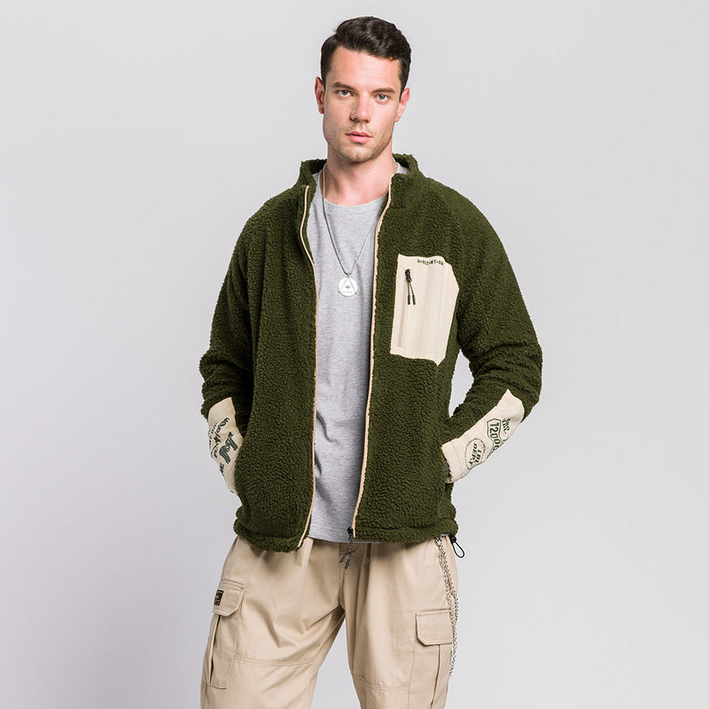 Pocket raglan sleeve stand collar sweater
