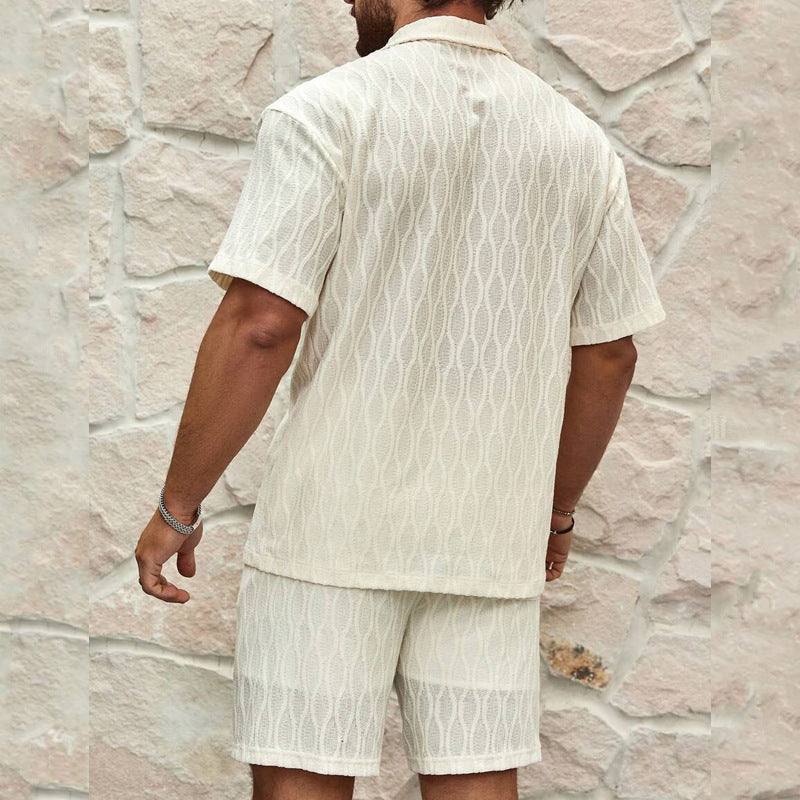 Men Summer Solid Loose Casual Two Pieces Lapel Button summer set