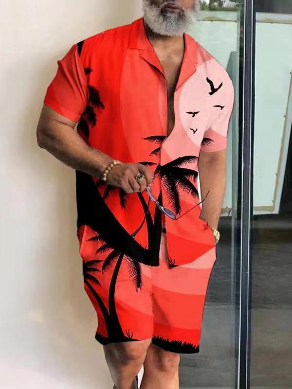 Men's Polo Collar 3D Printed Casual Slim Fit Shirt Shorts Suit