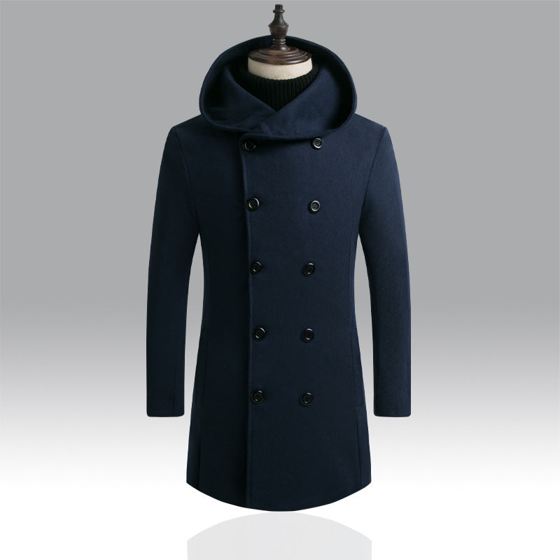 Men's Mid-Length Woolen Padded Hooded Trench Coat