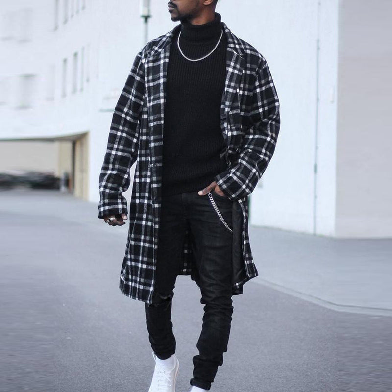 Men's mid-length plaid overcoat