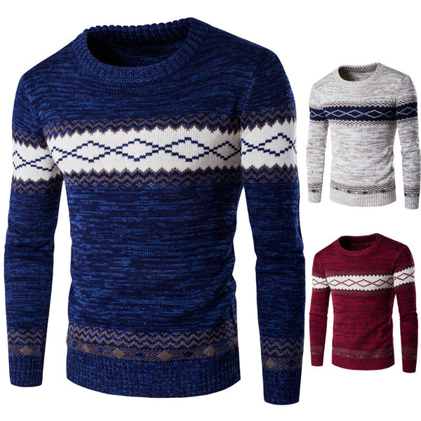 Color block ethnic style warm pullover sweater