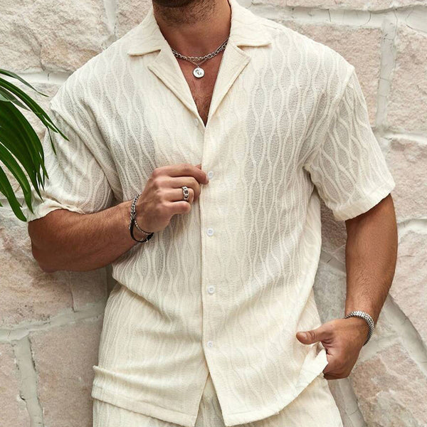 Men Summer Solid Loose Casual Two Pieces Lapel Button summer set