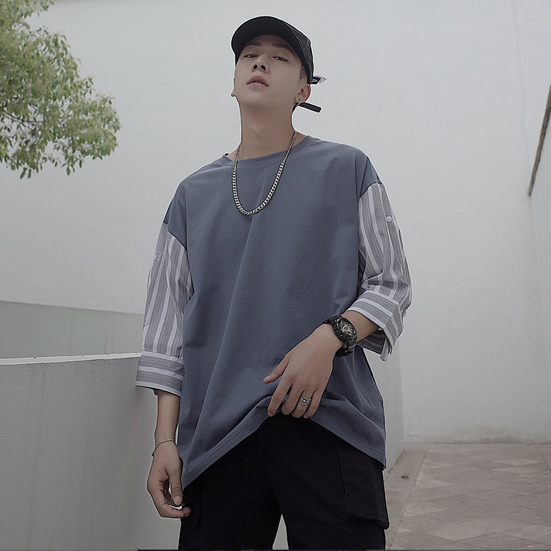 Sleeve striped panel short-sleeved T-shirt