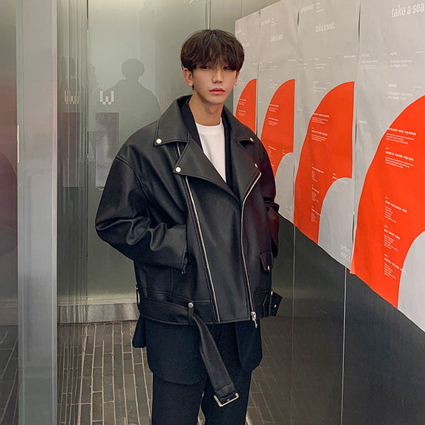 Men's Handsome Oblique Zipper Slim Leather Jacket