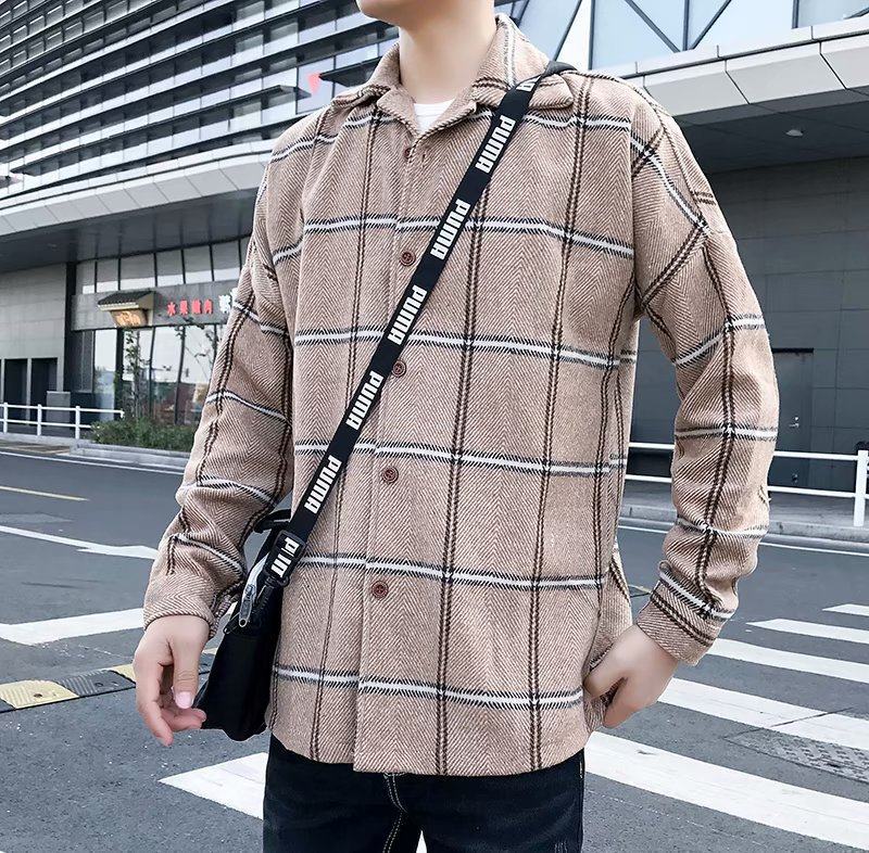 Fashion All-Match Retro Male Woolen Plaid shirt jacket