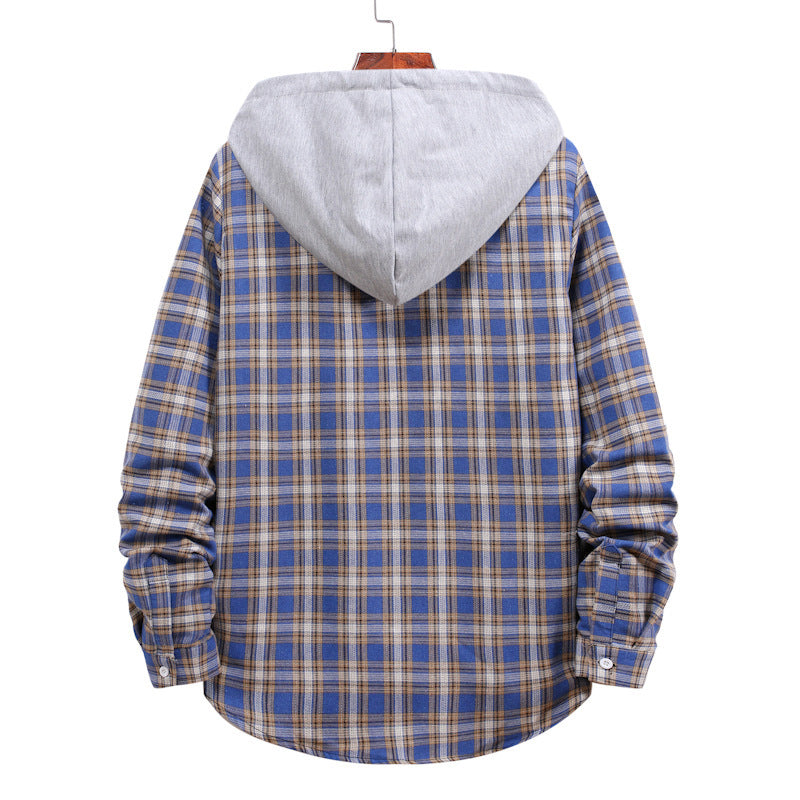 Hooded Plaid Long-Sleeved Shirt Men