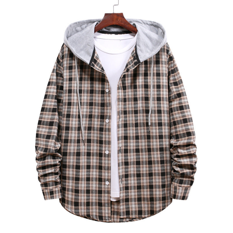 Hooded Plaid Long-Sleeved Shirt Men