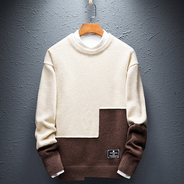 Personality Stitching Sweater Men's Round Neck Warm Knit Sweater