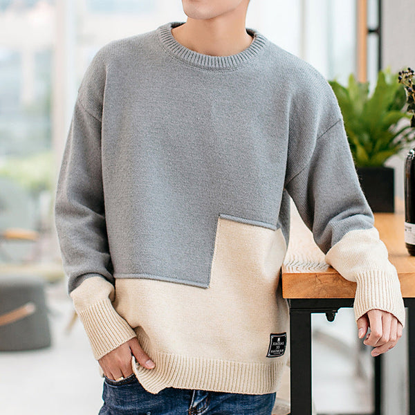 Personality Stitching Sweater Men's Round Neck Warm Knit Sweater