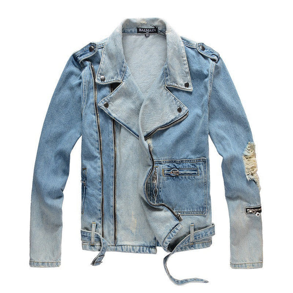 Slim-fit Ripped Retro Blue Denim Jacket