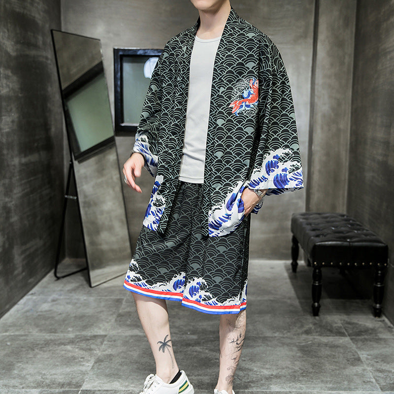 Red Carp Waves Kimono Cardigan Cloak Men