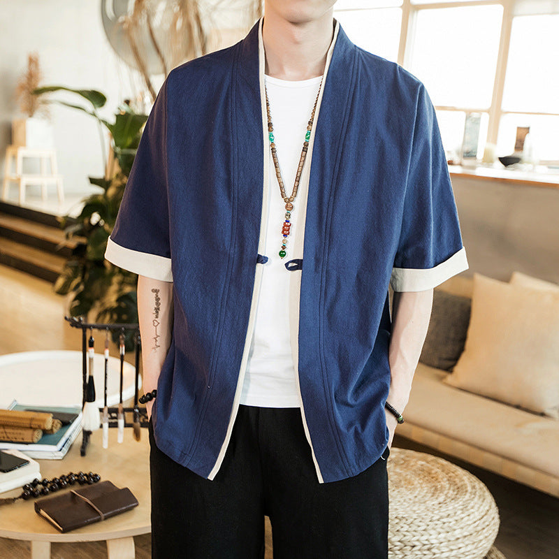 Cotton And Linen Jacket Five Point Sleeve Men