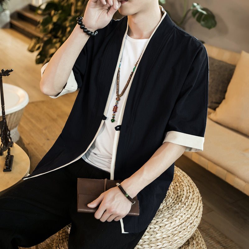 Cotton And Linen Jacket Five Point Sleeve Men