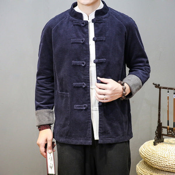 Men's Corduroy Stand Collar Buckle Tunic Suit