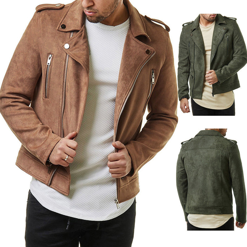 Lapel Leather Jacket Short Diagonal Zipper Suede Jacket Men