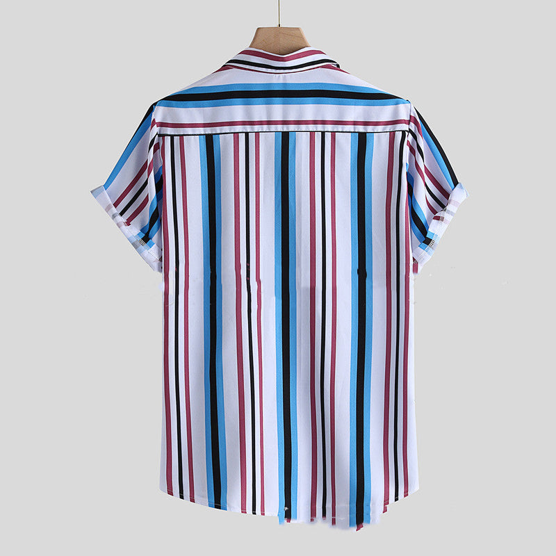 Men's Lapel Print Striped Short Sleeve Shirt