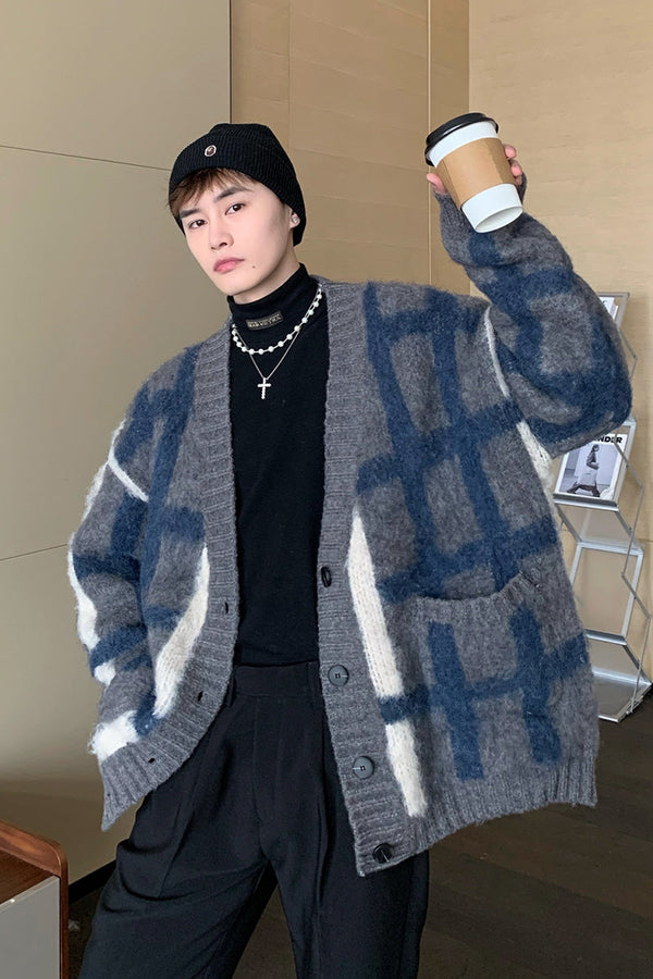 Plaid Knitted Cardigan Sweater