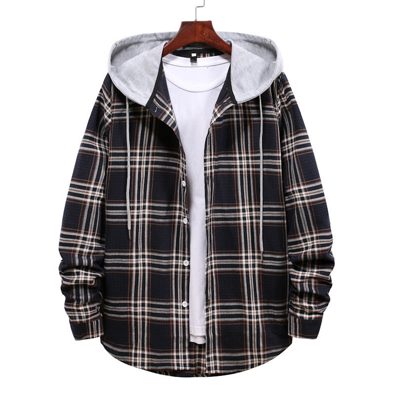 Hooded Plaid Long-Sleeved Shirt Men