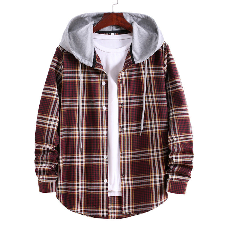 Hooded Plaid Long-Sleeved Shirt Men