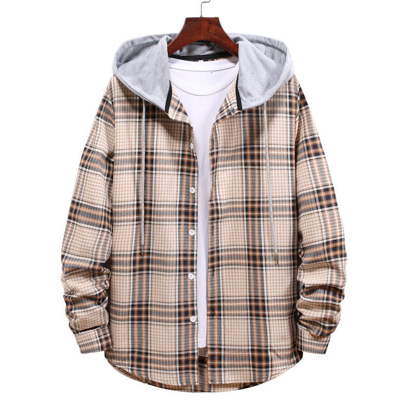 Hooded Plaid Long-Sleeved Shirt Men