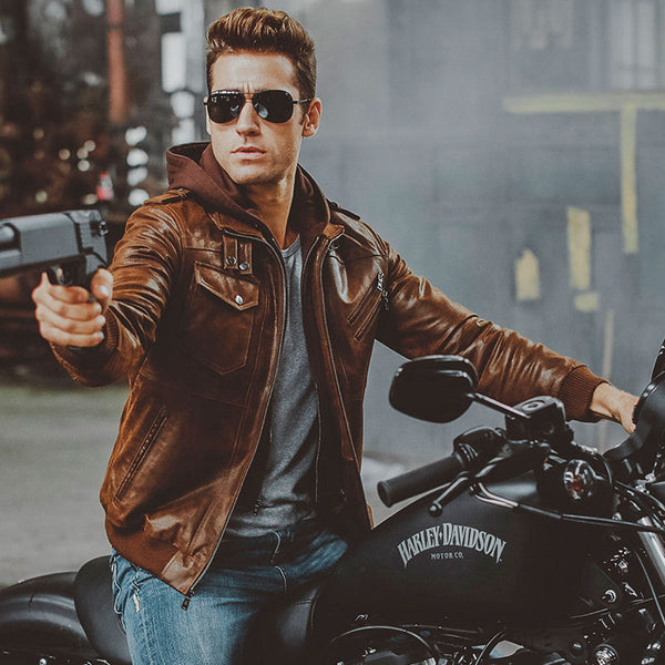 Men Real Leather Jacket Removable Hood motorcycle jacket
