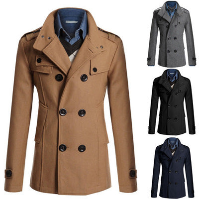 Men's slim-fit woolen trench coat
