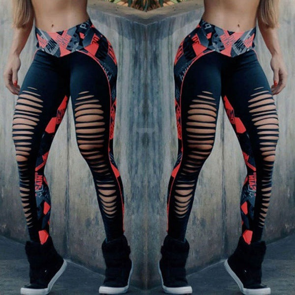 sexy color matching printed hollow sports leggigns pants