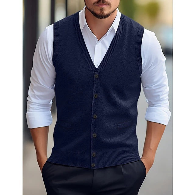 Sleeveless Four Seasons Wool Knit Cardigan Men's Vest