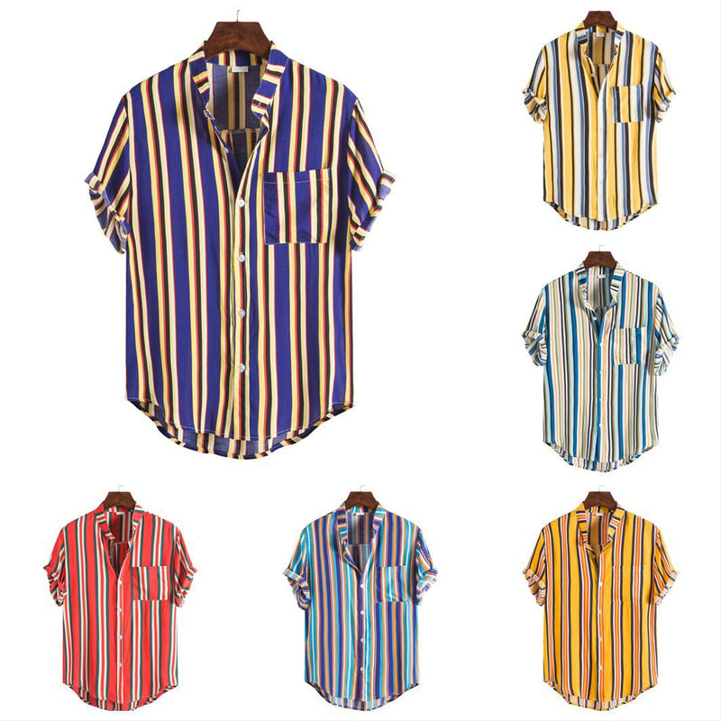 Striped Short Sleeve Casual Stand Collar Shirt