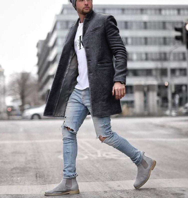 Men's long woolen trench coat