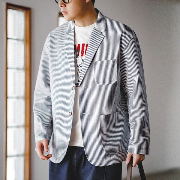 Seersucker Striped Flat Collar Blazer