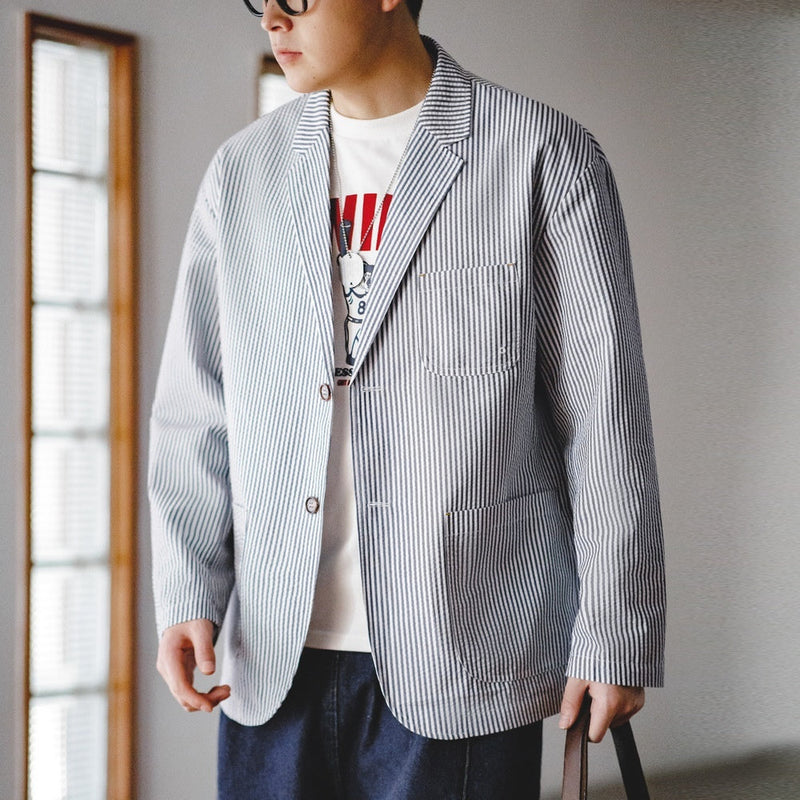 Seersucker Striped Flat Collar Blazer