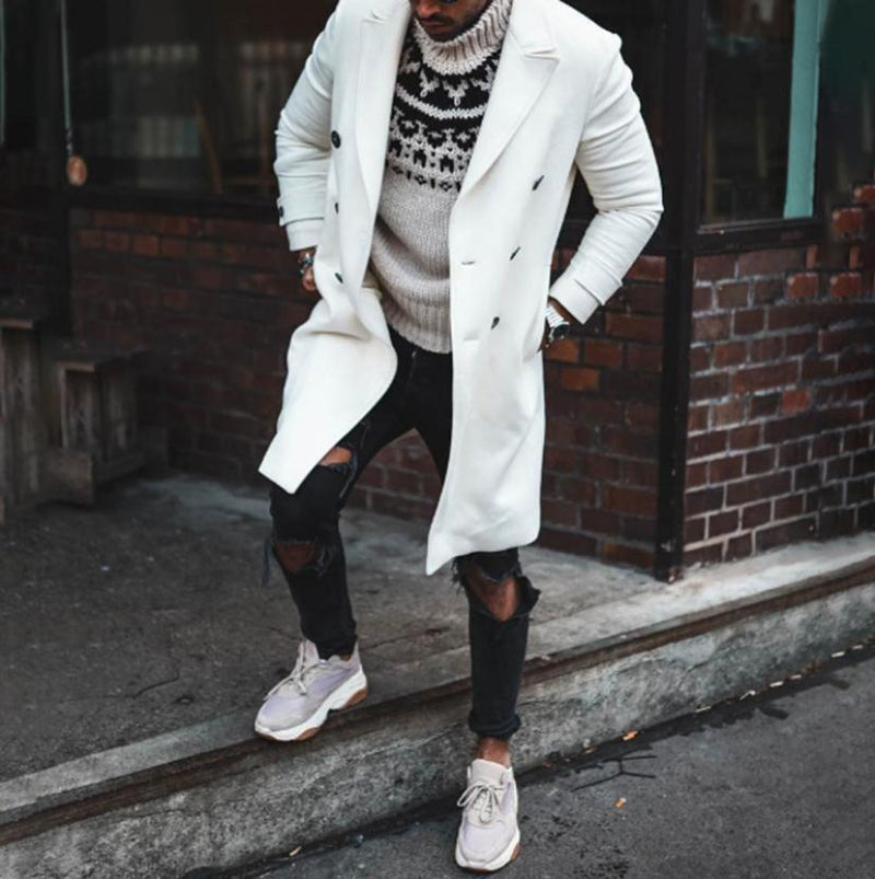 Lapel double-breasted white woolen trench coat